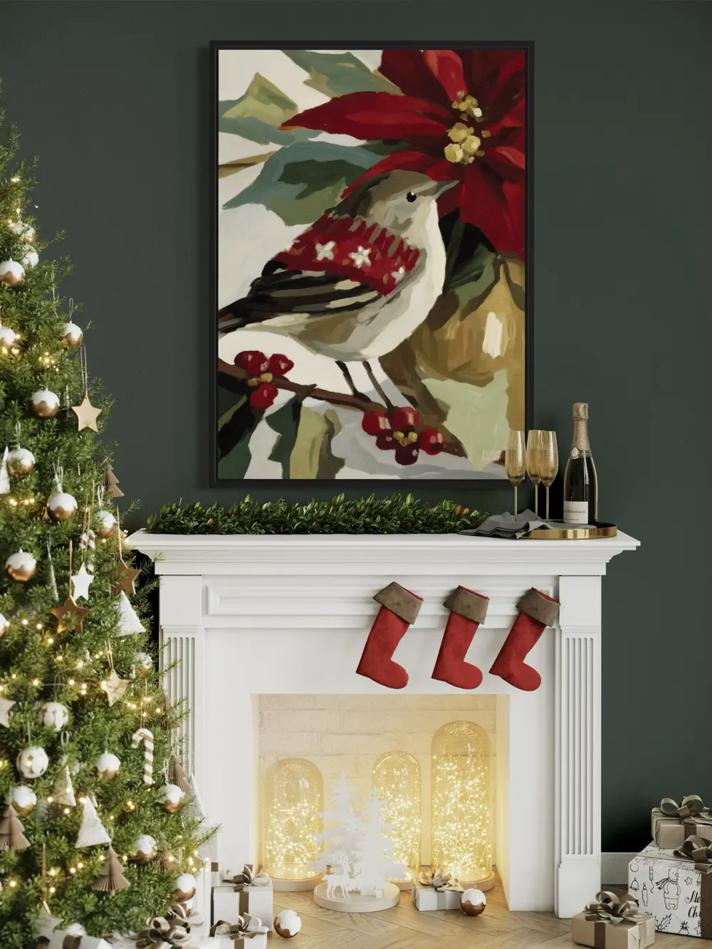 Plakat Festive Perch - uroczy ptaszek w czerwonym sweterku na gałązce z jagodami - obrazek 3