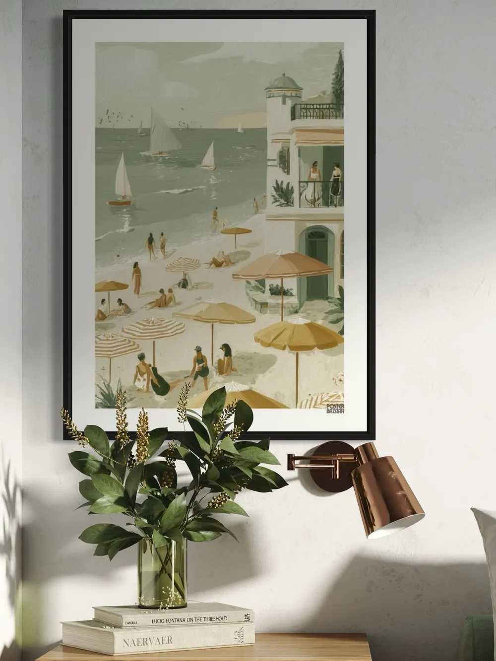 Plakat Seaside Escape - plaża z parasolami i żaglówkami w pastelowych barwach - obrazek 3