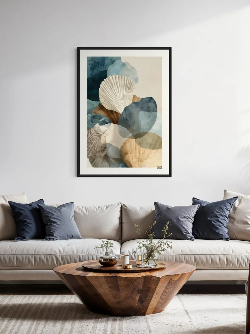 Plakat Seashell Harmony - delikatne muszle w akwarelowych plamach w odcieniach niebieskiego - obrazek 3