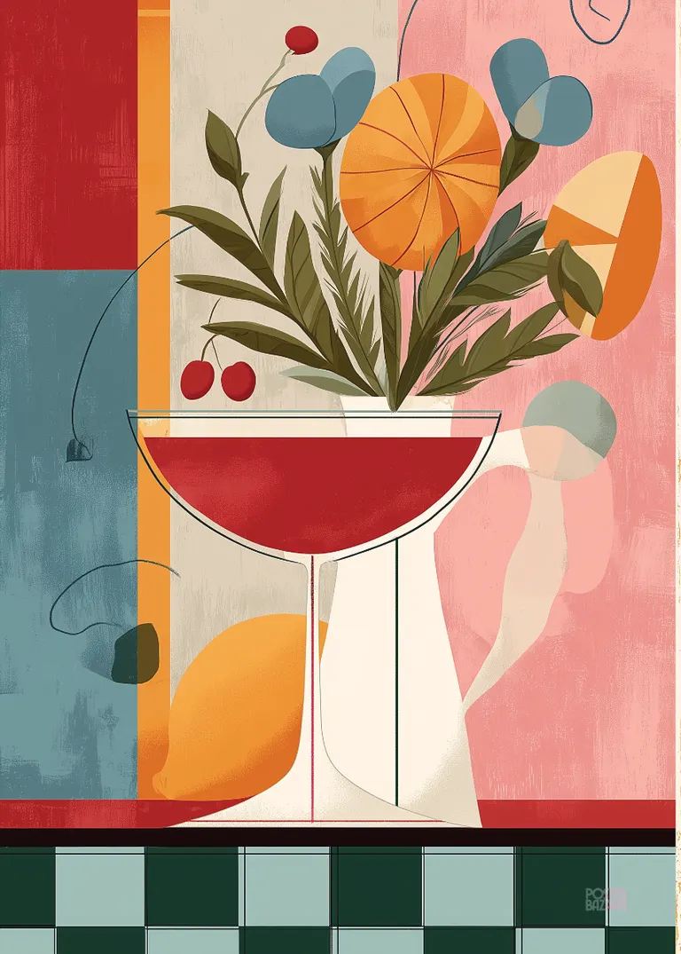 Cocktail Bloom — kieliszek koktajlowy z bukietem abstrakcyjnych kwiatów, geometryczne tło
