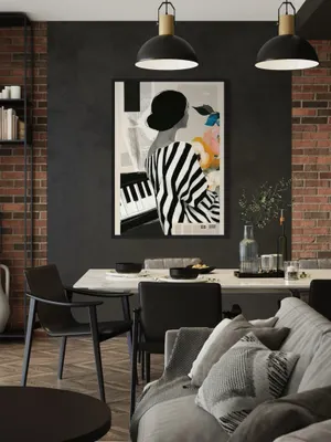 Plakat Piano Stripes - czarno-biała kobieta przy pianinie z kolorowymi kwiatami - obrazek 2