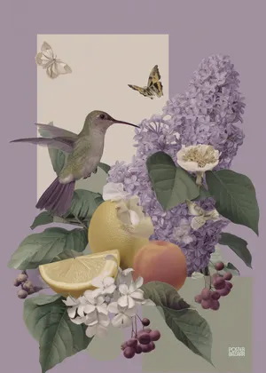 Plakat Hummingbird Garden - kolorowy koliber przy fioletowych kwiatach bzu