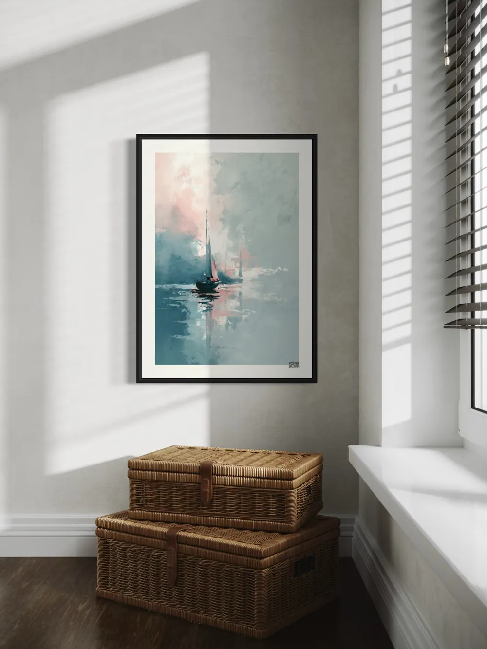 Plakat Pastel Sailing - dwie żaglówki na spokojnej wodzie w pastelowych odcieniach - obrazek 2