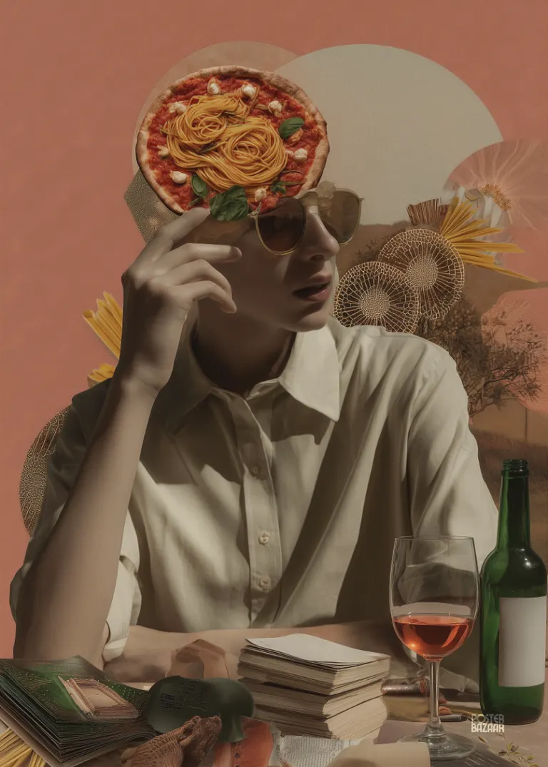 Pasta Mindset — surrealistyczna pizza, spaghetti, bazylią, książki, wino