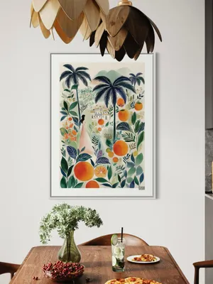 Plakat Citrus Paradise - kobieta w różowej sukni wśród palm i pomarańczy - obrazek 3