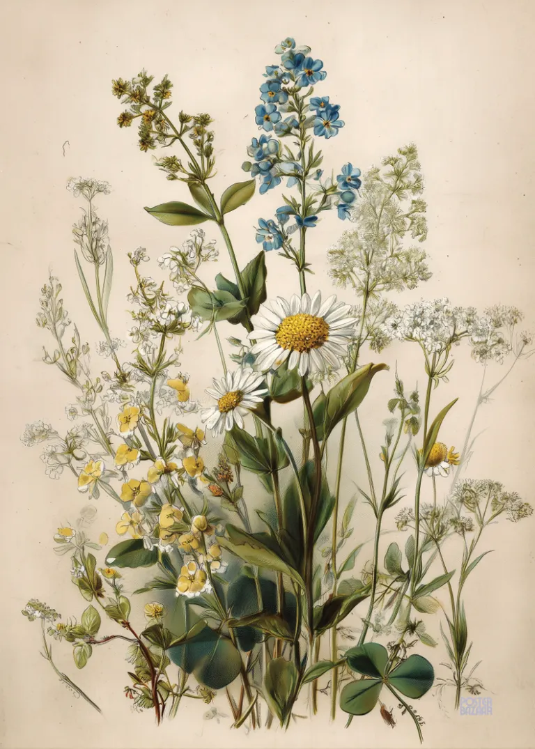 Wildflower Bouquet — piękny bukiet polnych kwiatów w botanicznym stylu, pełen zieleni, błękitu i bieli, na beżowym tle