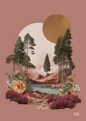 Plakat Sunset Mirage - surrealistyczny krajobraz z sosnami, kwiatami, jeziorem i górami w różu