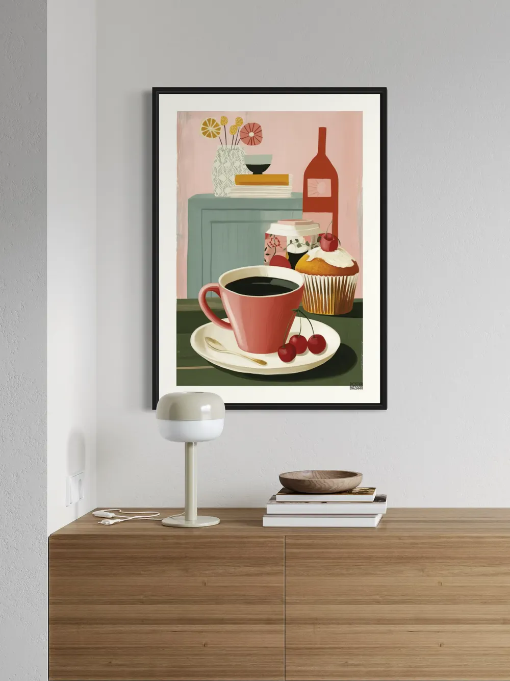 Plakat Coffee Break - filiżanka kawy z wiśniami i babeczką w pastelowym stylu - obrazek 2