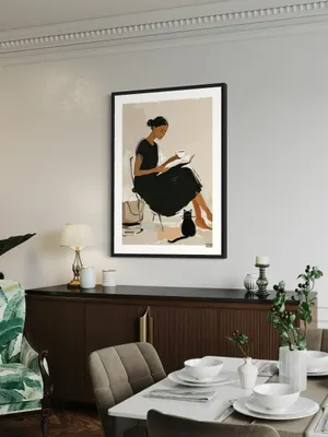 Plakat Quiet Companion - kobieta w czarnej sukience z kotem i książką - obrazek 3
