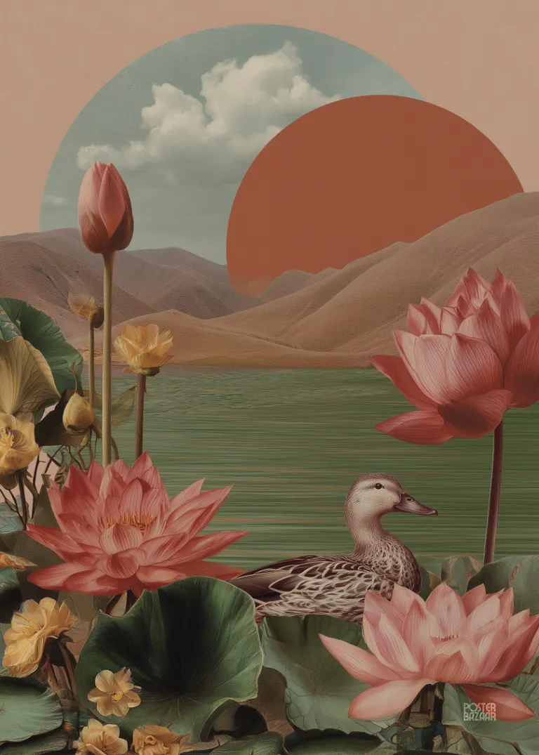 Lotus Lake Mirage — surrealistyczny plakat z kaczką i kwiatami lotosu nad jeziorem