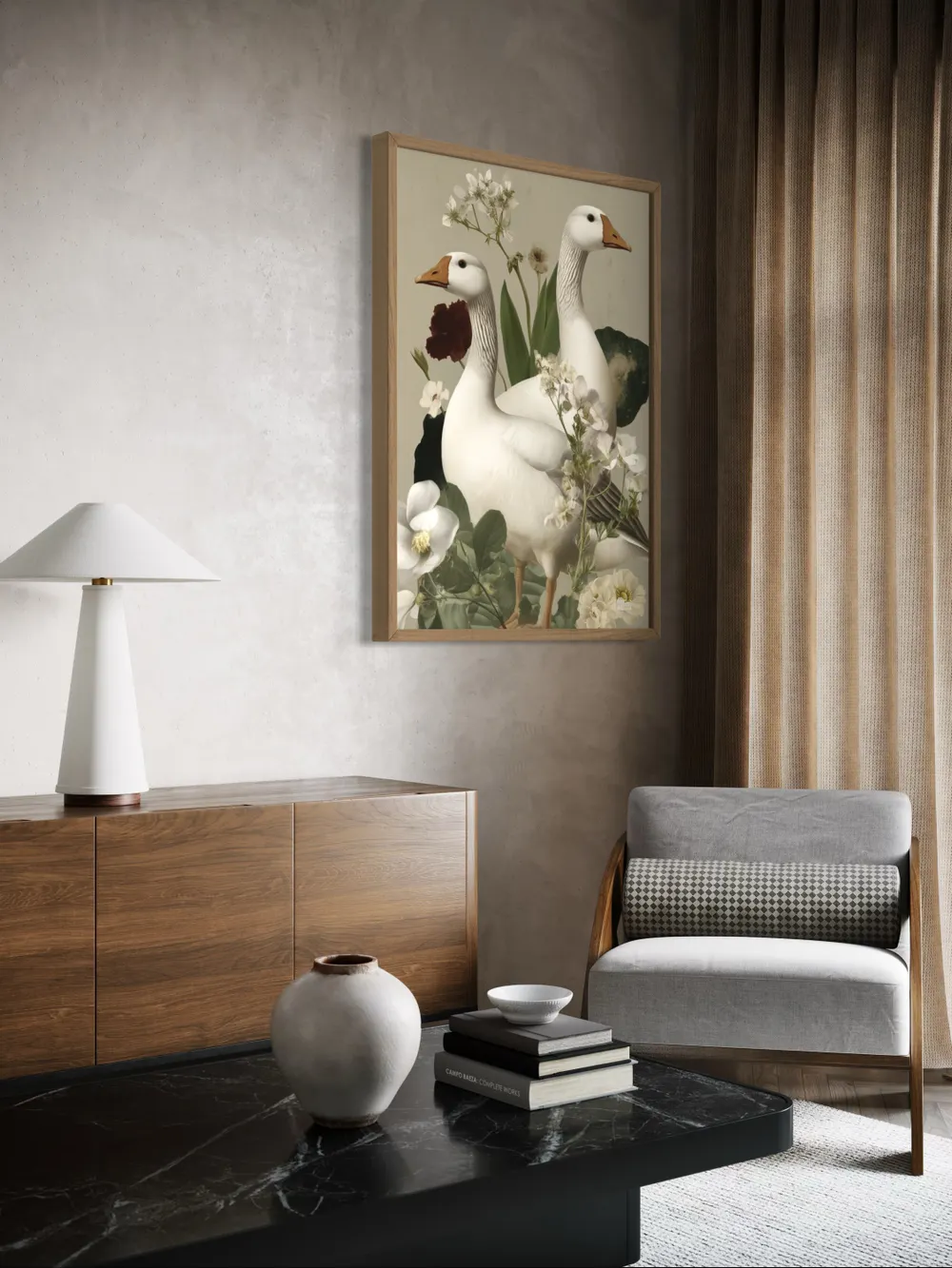 Plakat Goose Reverie - dwie białe gęsi wśród zielonych liści i kremowych kwiatów - obrazek 3