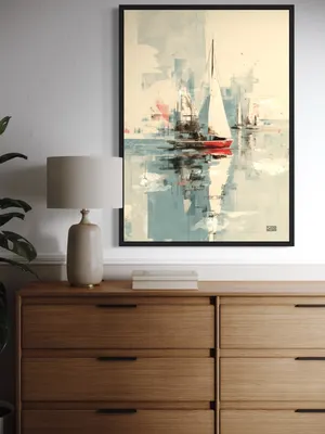 Plakat Crimson Reflection - jacht z czerwonym kadłubem na spokojnej wodzie - obrazek 3