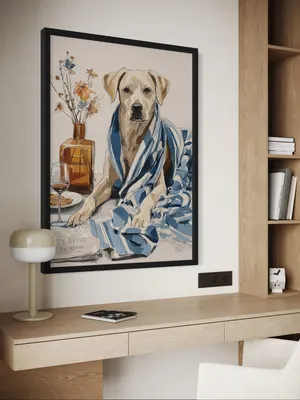 Plakat Pampered Pooch - elegancki pies owinięty w pasiasty koc z lampką wina, malarska ilustracja w beżu i błękicie - obrazek 2