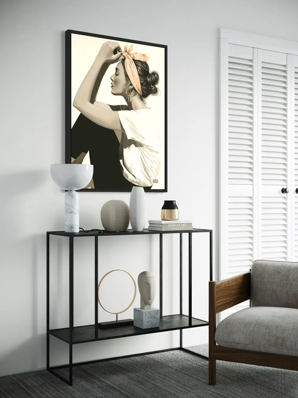 Plakat Retro Woman - portret młodej kobiety w stylu retro z różową chustą - obrazek 3