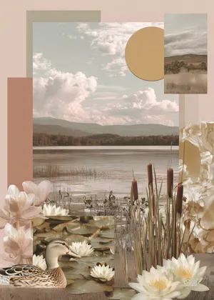 Plakat Pastel Wetlands - spokojne jezioro z trzcinami i kaczką