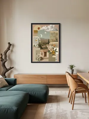 Plakat Dreamy Garden - pastelowy kolaż willi, kwiatów i geometrycznych kształtów - obrazek 2