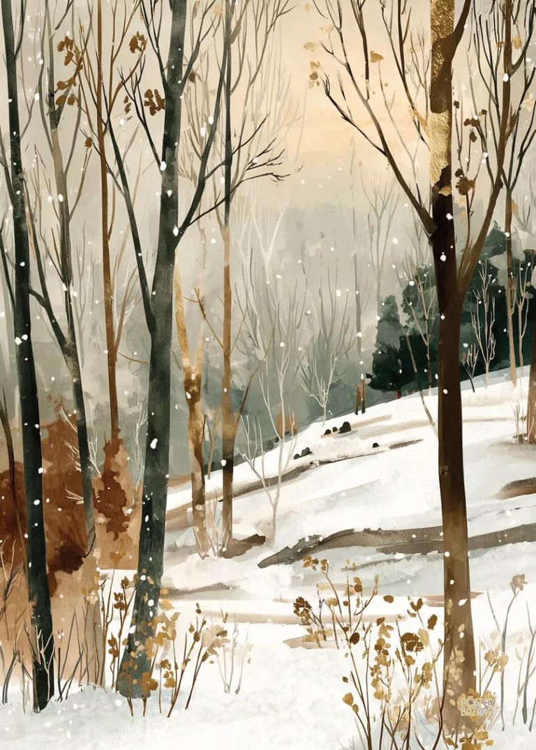 Snowy Silence — zimowy las z delikatnym śniegiem i akwarelowym światłem