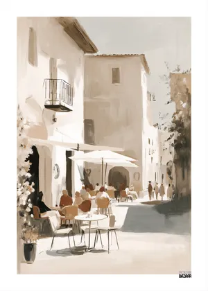 Plakat Sunny Cafe - urokliwa uliczka z kawiarnianym ogródkiem
