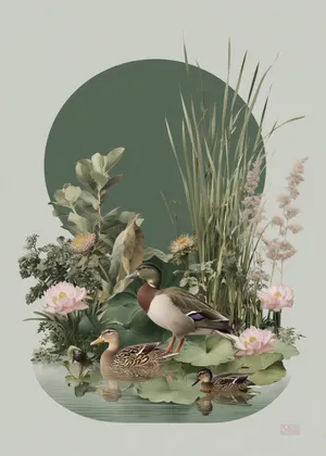Plakat Lotus Pond Trio - spokojny staw z kaczkami i lotosami, realistyczna ilustracja