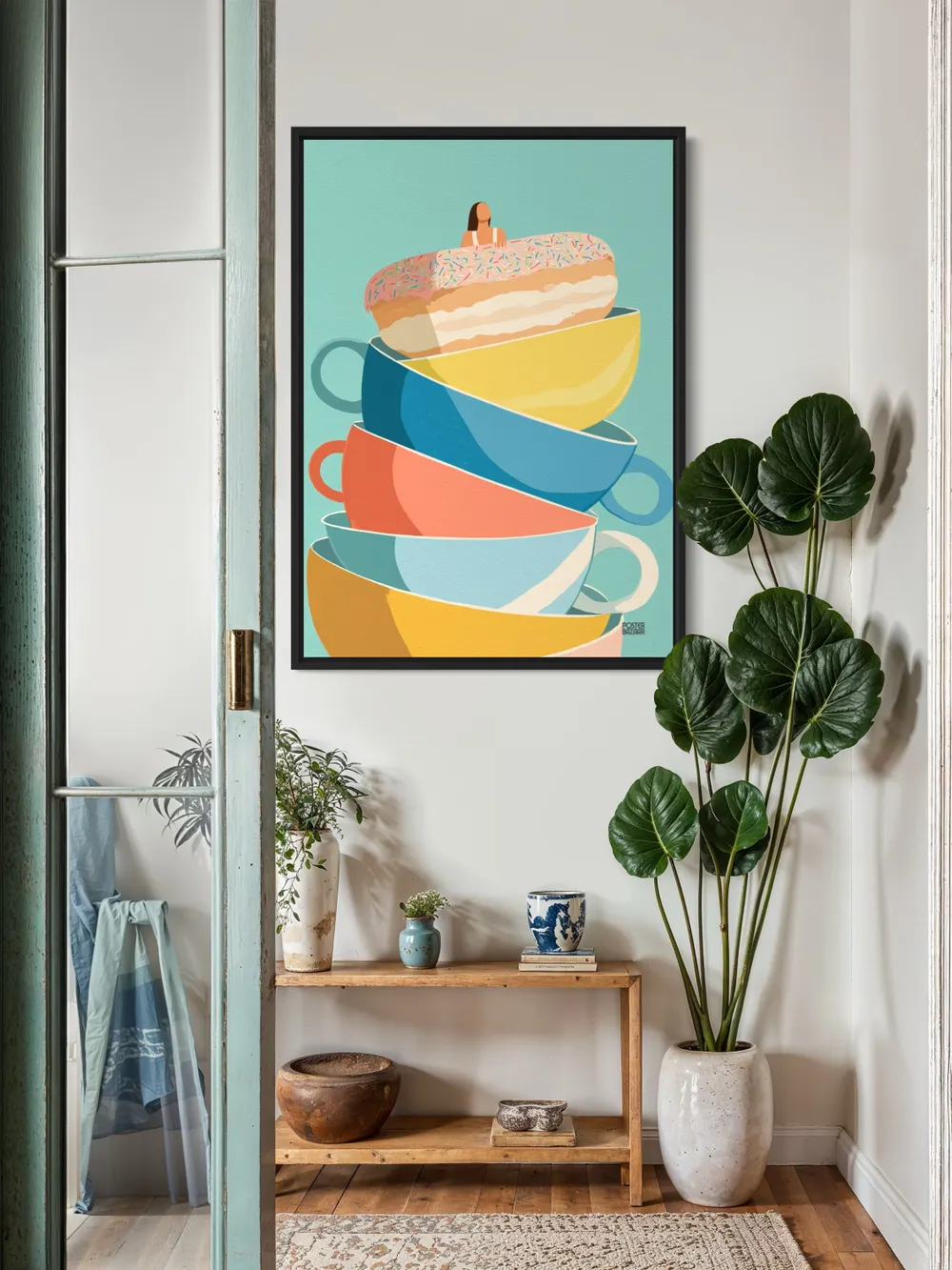 Plakat Sprinkle Escape - pastelowa wieża filiżanek z różową donutką - obrazek 3
