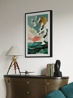 Plakat Golden Cranes - żurawie nad zielonym morzem - obrazek 3
