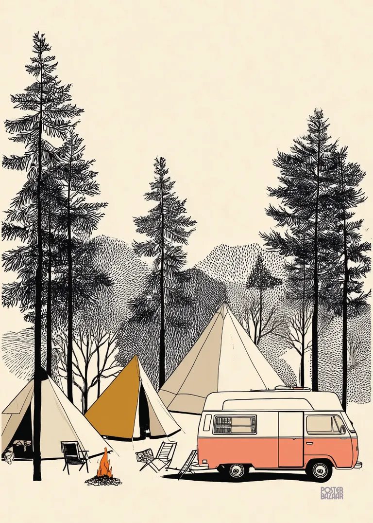 Forest Campers — plenerowe pole namiotowe z tipi i różowym kamperem