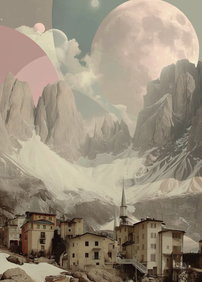 Celestial Hamlet — plakat surrealistyczny z górską wioską i pastelowymi planetami