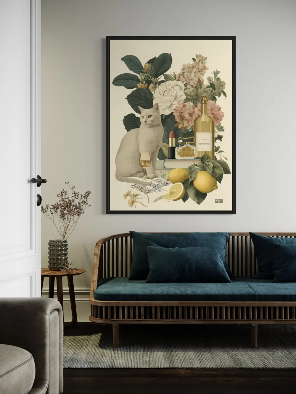 Plakat Cat Lemon - biały kot, cytryny, kwiaty - obrazek 3