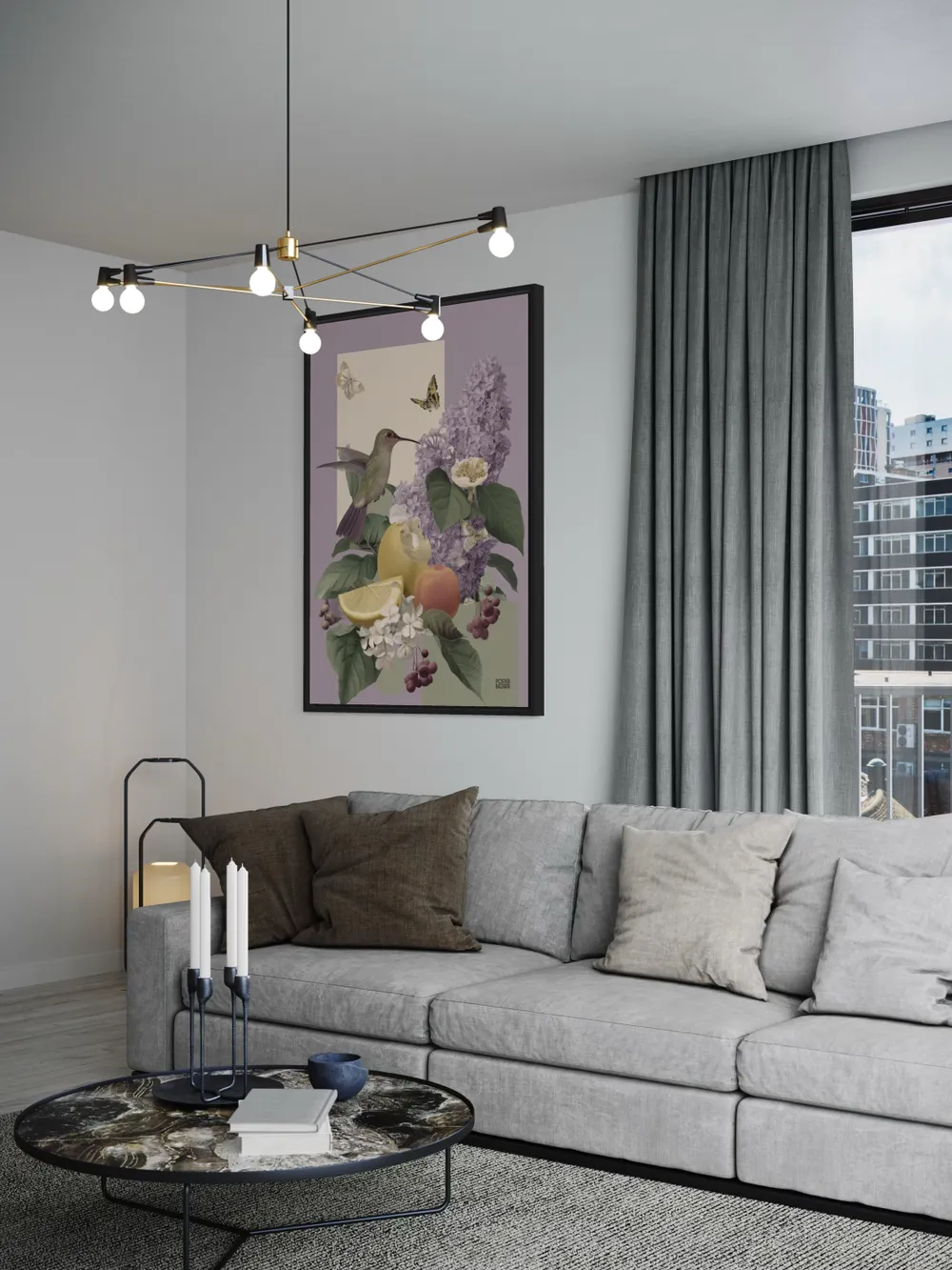 Plakat Hummingbird Garden - kolorowy koliber przy fioletowych kwiatach bzu - obrazek 3