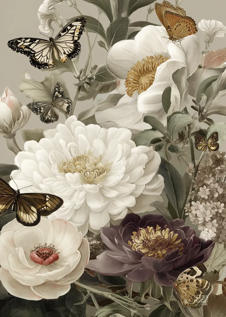 Butterfly Reverence — kremowe i bordowe kwiaty z motylami, botaniczny styl