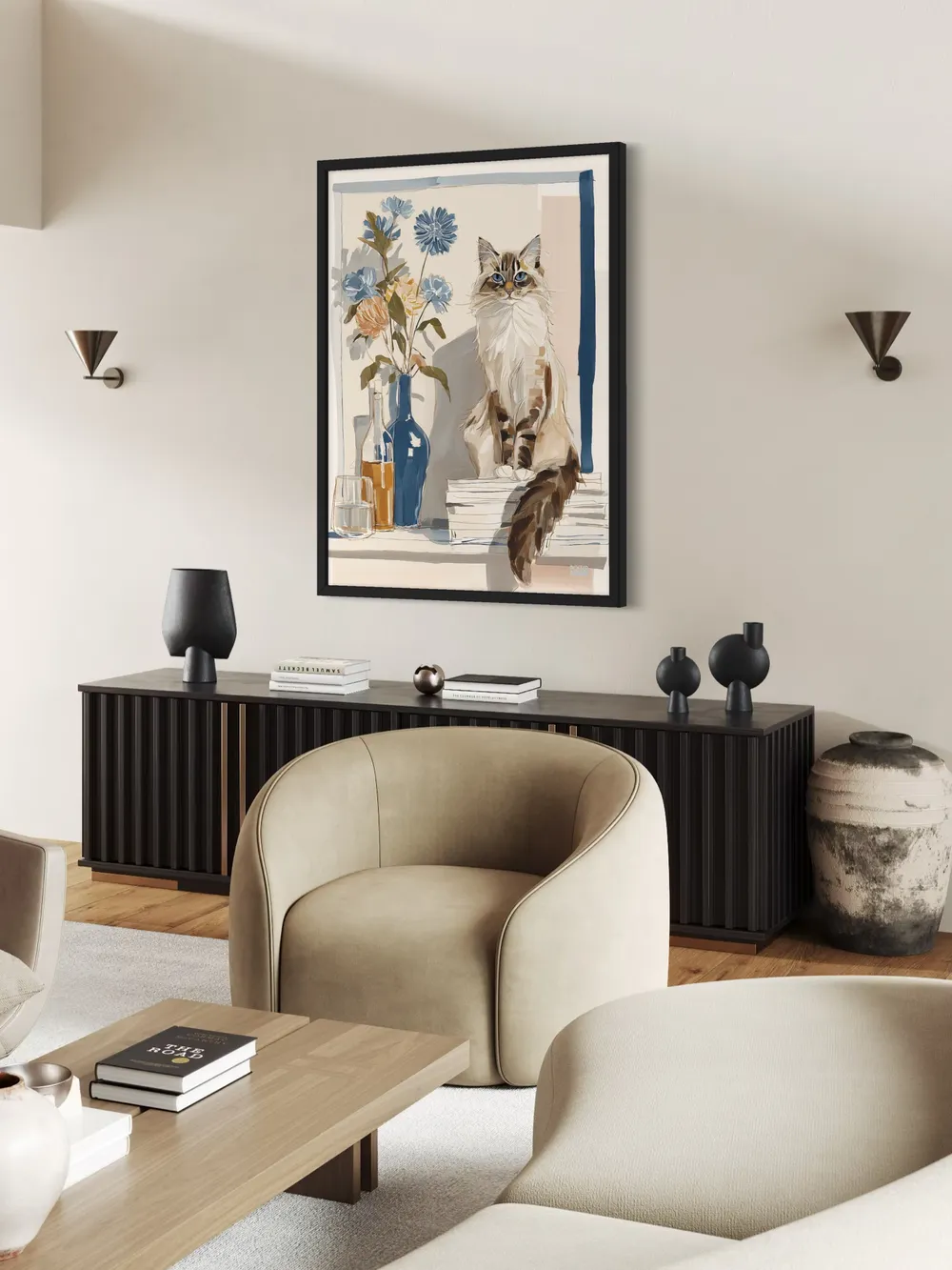 Plakat Feline Still Life - elegancki kot na tle kwiatów, spokojna scena w beżach i błękitach, cyfrowy obraz - obrazek 3