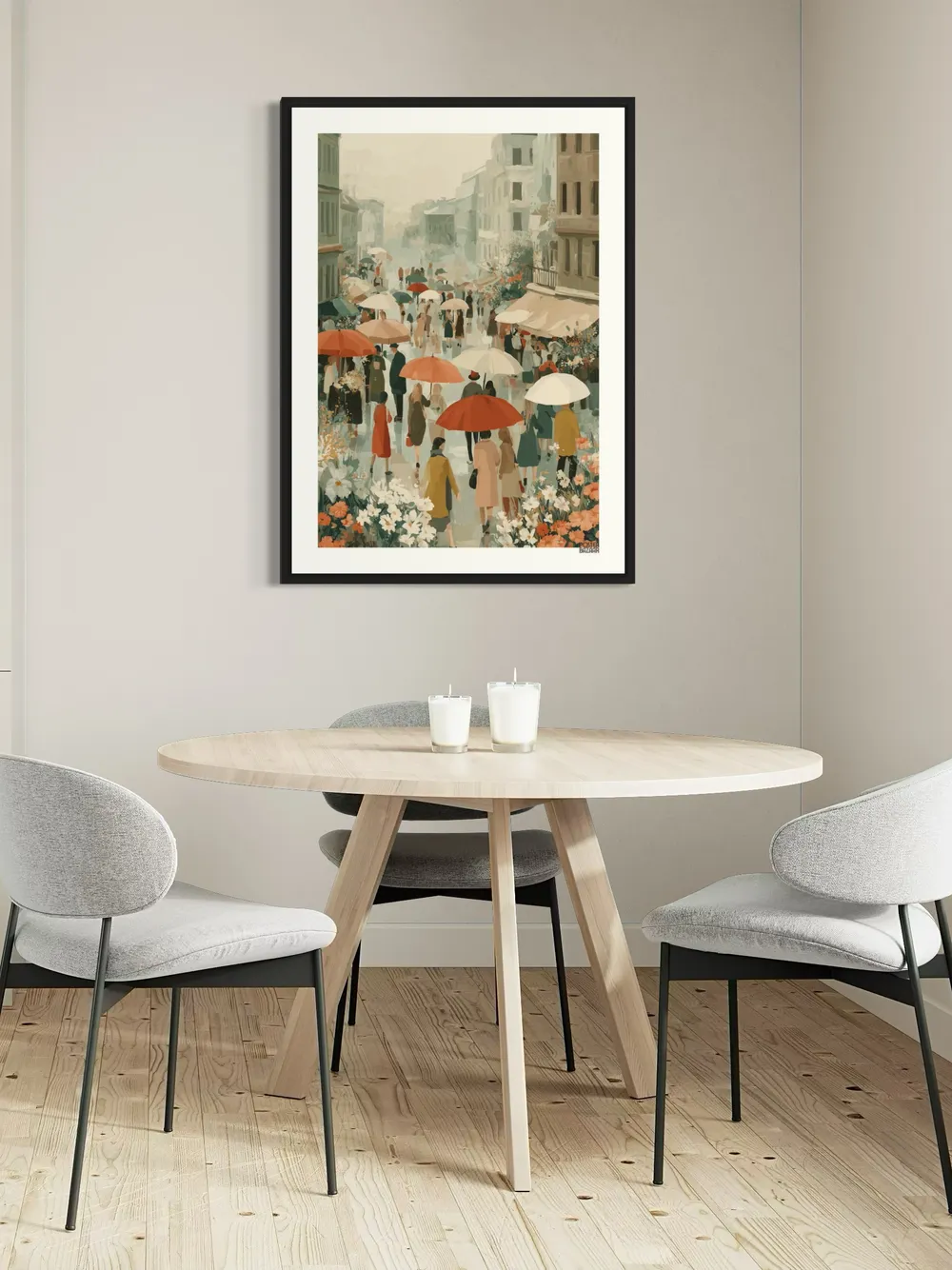 Plakat Rainy Walk - tłum ludzi z parasolami na mokrej ulicy w pastelach - obrazek 2