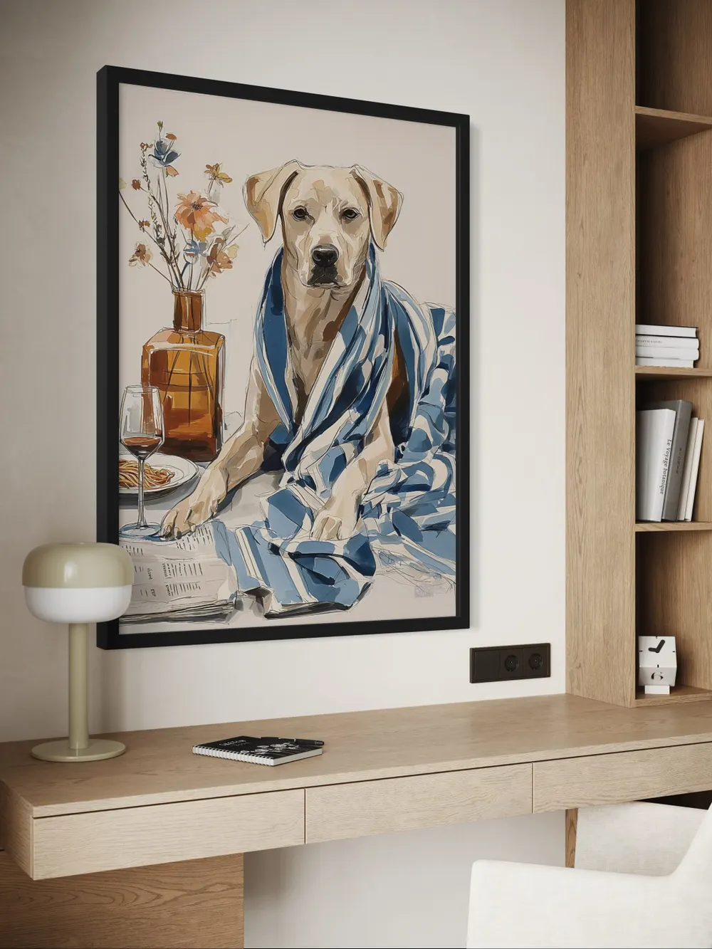 Plakat Pampered Pooch - elegancki pies owinięty w pasiasty koc z lampką wina, malarska ilustracja w beżu i błękicie - obrazek 2
