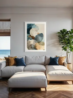 Plakat Seashell Harmony - delikatne muszle w akwarelowych plamach w odcieniach niebieskiego - obrazek 2