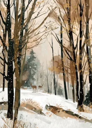 Plakat Winter Deer Walk - dwa jelenie w zimowym lesie, akwarela, spokojna atmosfera