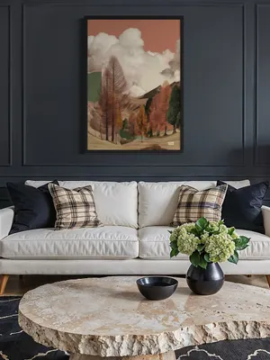 Plakat Crimson Hillside - jesienny krajobraz z czerwonymi drzewami i różowym niebem - obrazek 2