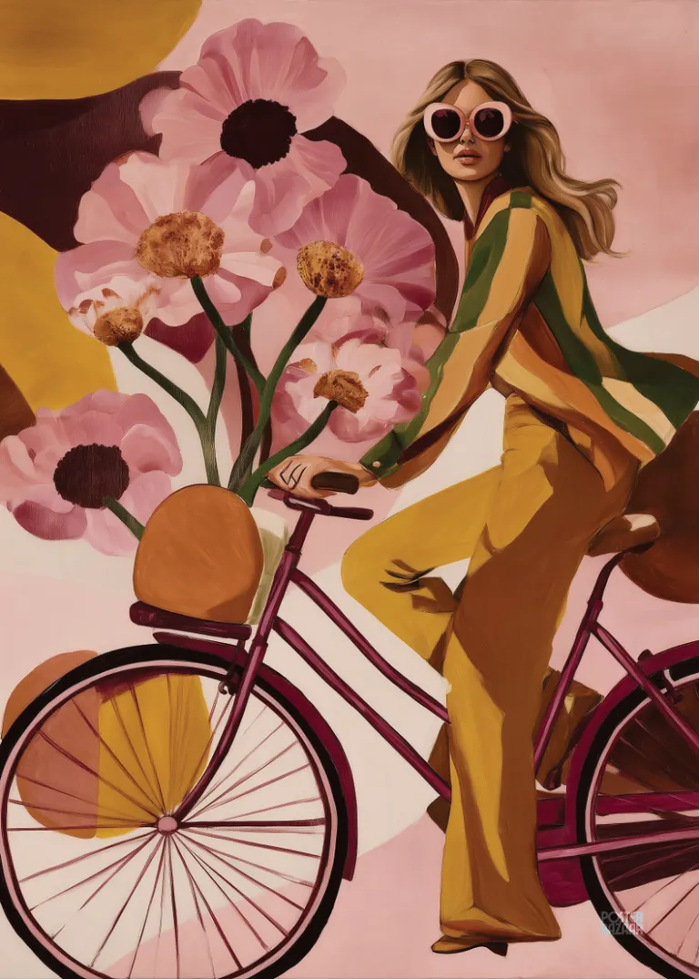 Retro Bike Ride — kobieta na rowerze wśród różowych kwiatów, retro styl w ciepłych kolorach