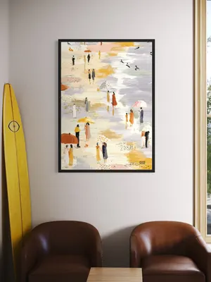 Plakat Beach Walk - spacer ludzi na plaży z kolorowymi parasolami w pastelach - obrazek 2