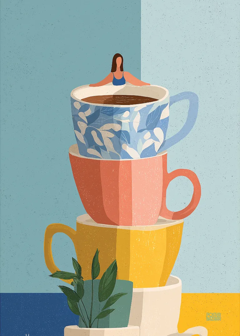 Cup Tower — pastelowa wieża filiżanek z relaksującą kobietą