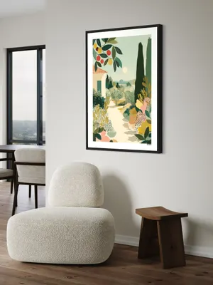 Plakat Mediterranean Garden - słoneczny ogród śródziemnomorski z domem, cyprysami, pastelowe kolory - obrazek 2