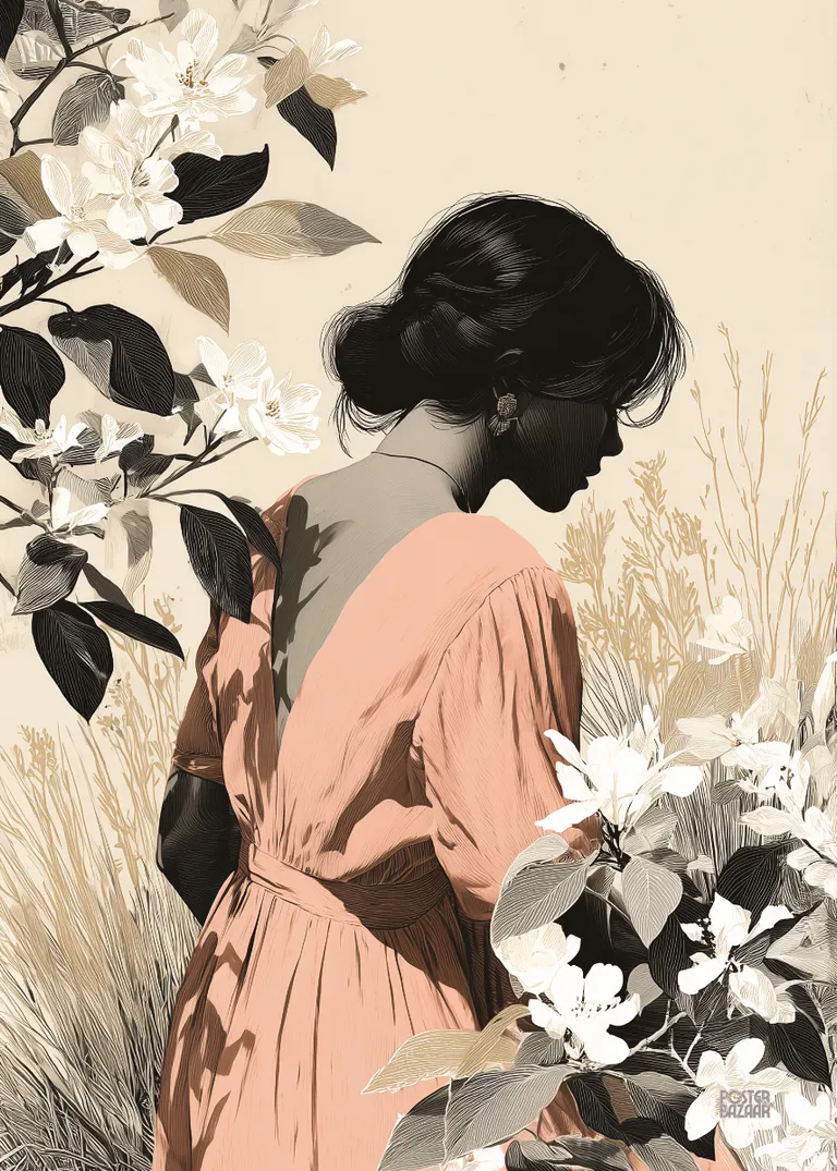 Whispering Petals — delikatna sylwetka kobiety w pastelowych kwiatach