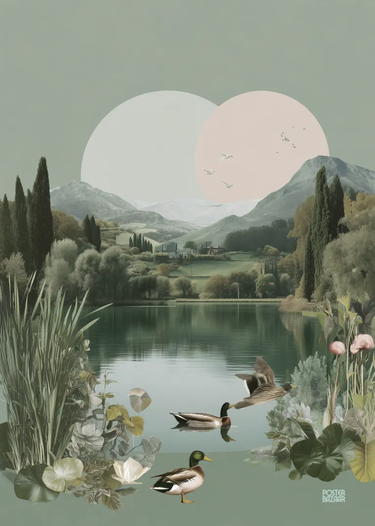 Verdant Reflections — spokojne jezioro z kaczkami i zielenią w pastelach