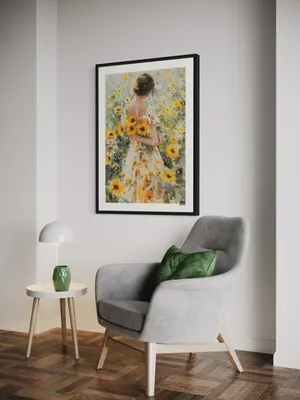 Plakat Sunflower Dream - dziewczyna w sukience w morzu słoneczników w akwarelowym stylu - obrazek 3