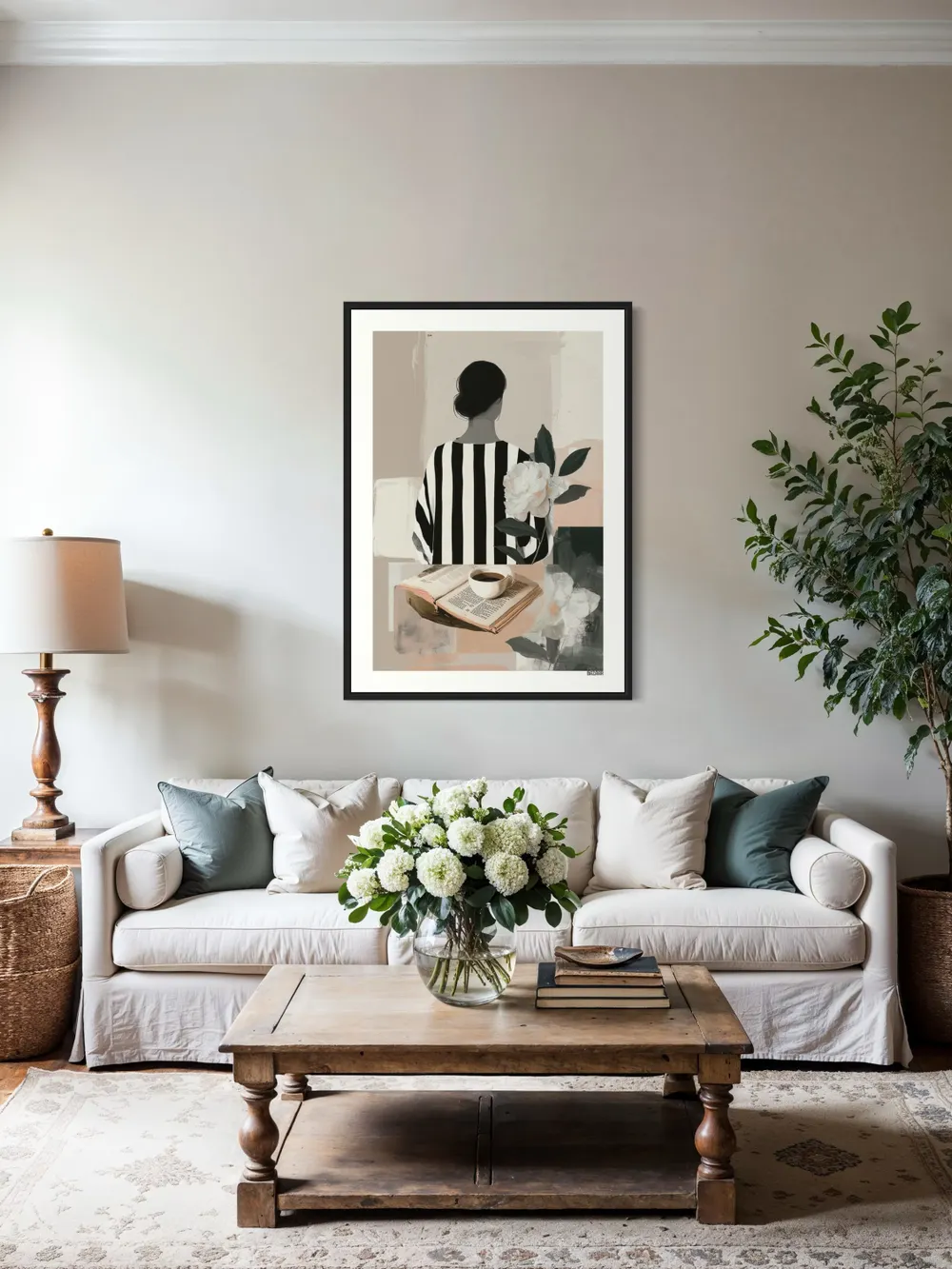 Plakat Striped Pause - kobieta wśród kwiatów i spokojnych barw - obrazek 2