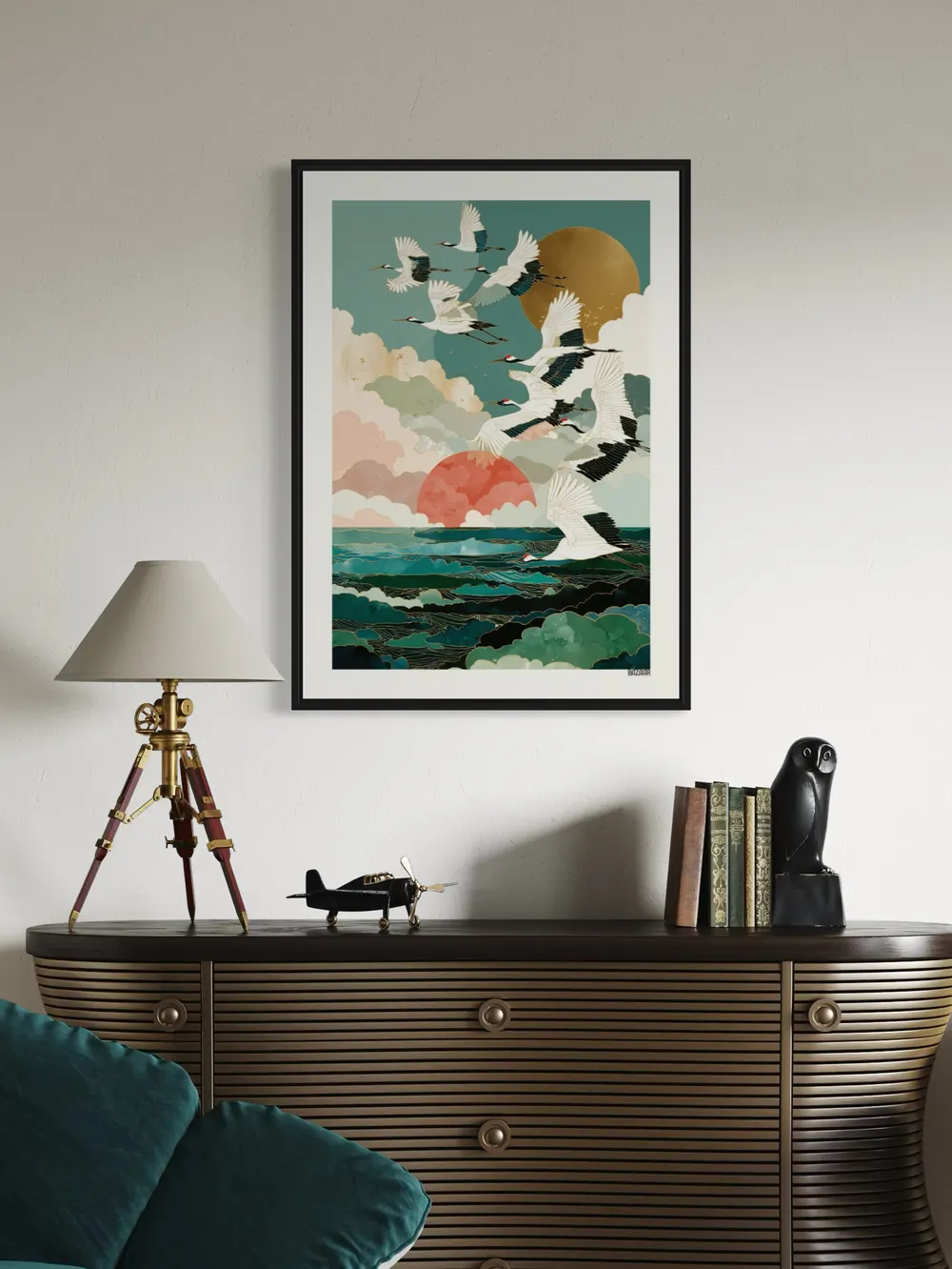 Plakat Golden Cranes - żurawie nad zielonym morzem - obrazek 2