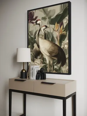 Plakat Crane Gardenia - dwa żurawie wśród egzotycznych liści i kwiatów, styl vintage - obrazek 2