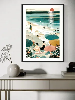 Plakat Sunset Beach - trzy kobiety na plaży, pastelowe kolory, morze i słońce - obrazek 2