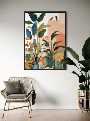 Plakat Tropical Garden - kolorowa dżungla z egzotycznymi roślinami i ptakami, pastelowe budynki - obrazek 3