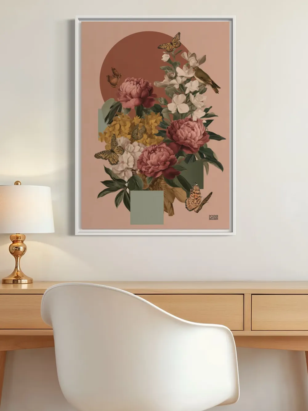 Plakat Peony Garden - piwonie w rozowych i bordowych odcieniach z motylami i ptakiem - obrazek 3