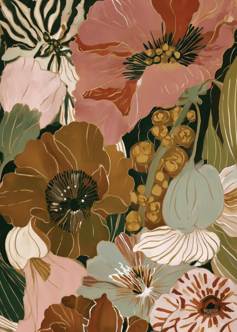 Autumn Petals — duże malarskie kwiaty w brązach, różu i kremie na ciemnej zieleni